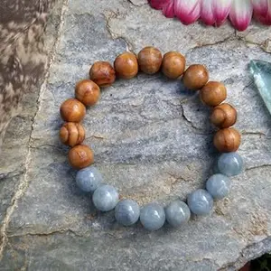 LKBEADS Natural Aquamarine & Olive Wood 8mm Round Shape Smooth Cut Beads 6.5 inch Stretchable Bracelet for Men & Women.|STBR_RR_00915_6.5