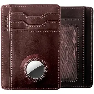 bracket Slim Airtag Wallet Case with Card Holder - Genuine Leather (Nappa Leather) - RFID Blocking - Inbuilt case Holder for AirTag- Minimalist Front Pocket Wallet [Dark Brown] [AirTag is NOT Included]