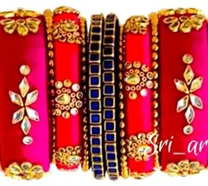 Blue jays hub Silk Thread Bangles New kundan Style ; Red pink And blue color Set of 10 for Women/Girls (2-2)