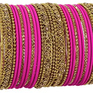 ZULKA Metal With Zircon Gemstone Studded Glossy Finished Traditional Bangle set for Women and Girls, (Magenta_2.8 Inches), Pack Of 28 Bangles