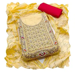 Maroosh Women'S Yellow Unstitched Heavy Hand Work And Fancy Border With Gota Embroidered Dupatta Glass Cotton Dress Material (MRS-MSMFC11207B)