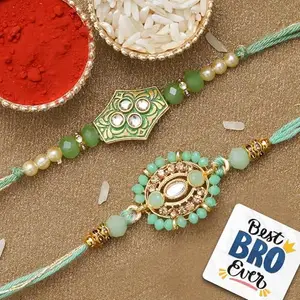 eCraftIndia Set of 2 Multicolor Premium Designer Rakhis with Roli Chawal Pack and Best Bro Ever Fridge Magnet - Rakhi for Brother, Bhaiya, Bhai