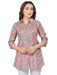 Women's Cotton Blend Collared Neck 3/4 Sleeves Short Top (Teal Green, XL)-PID56236