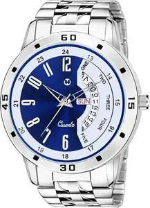 Men's Watch, Silver Stainless Steel Chain Strap, Multicolor Day & Date Dial, Analog Formal & Casual Party Wear Water Resistant Watch for Men's & Boy's (Blue-White)