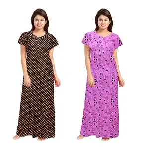 Women's Cotton Printed Nighty – Comfortable Full-Length Sleepwear with Short Sleeves-BZPE-255-Free