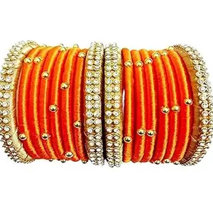 pratthipati's Silk Thread Bangles with Gold Combination Plastic Bangle Set (Orange) (Pack of 16) (Size-2/0)