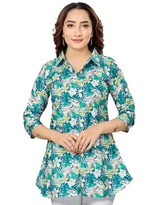 Women's Cotton Blend Collared Neck 3/4 Sleeves Short Top (Green, M)-PID56240