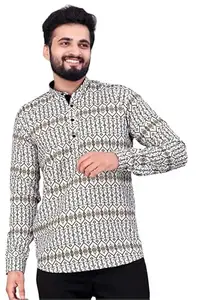Men's Cotton Blended Printed Full Sleeve Shortkurta (Multicolor, M)-PID53470