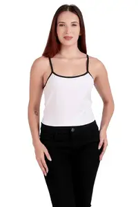 Brisky & Classy Women's Cotton Camisole Tank Top, White with Black Trim, Sleeveless Slim Fit