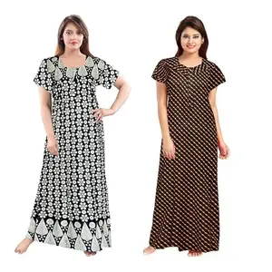 Women's Cotton Printed Nighty – Comfortable Full-Length Sleepwear with Short Sleeves-BZPE-137-Free
