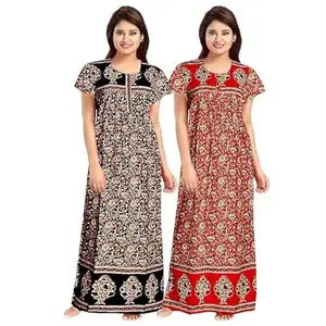 AALIT Nighty for Women Cotton Printed Maxi Gown Ankle Length Nighty Night Dress Gown for Women Maxi - Free Size (Pack of 2) (Free Size, Black Red)