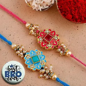 Ascension Pack of 2 Flower Rakhi Set Combo For Brother Bhaiya Sister Raksha Bandhan Gift Band Moli Bracelet Stone Pearl Rakhi with Roli Tilak & Best Brother Fridge Magnet