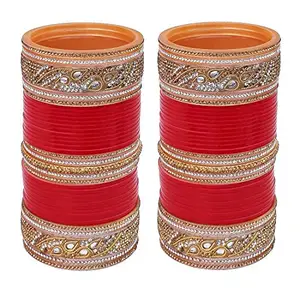 Lucky Jewellery Bridal Bangle Set Red Designer White Kundan & Golden Stone Dulhan Chuda Fashion Punjabi Choora Wedding Chura For Women (1815-G1C1-2595-R26)