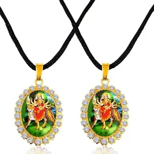 Stylewell (Set Of 2 Pcs) Diamond Nug Studded Oval Hindu God Lord Shri Durga Vaishno Devi Maa/Sherawali Mata Pendant Locket Necklace With Cotton Dori