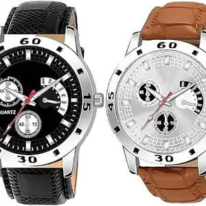 Premium Leather Analog Watches for Men – Combo Pack of 2 (Black & Brown) Stylish Formal & Casual Wrist Watches