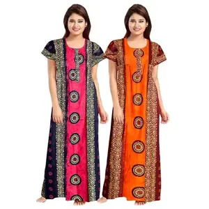 Women's Floral Print Cotton Nighty, Short Sleeve, HC-B998_Free Size Multicolour