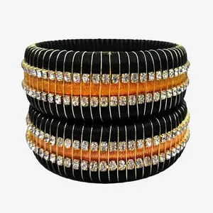 HARSHAS INDIA CRAFT Silk Thread Bangles With Kundan Stones Chuda Bangle Set For Womnes and girls (Black-orange) (Size-2/0)