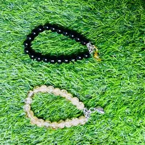 Coupple Beaded Bracelet Set, Crystal and Black Onyx, 2 Pieces with Silver Charm