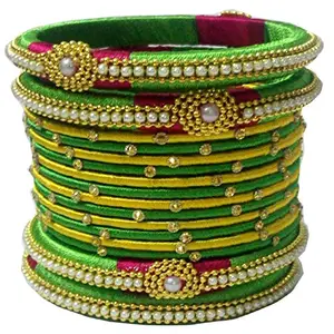 Blue jays hub Silk Thread Bangles Multi-Colour,Yellow,Light Green Set of 16 (2.2)