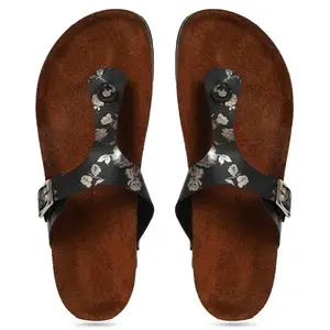 MOZAFIA Black Flower Print Synthetic Leather Comfortable Stylish with Open Toe Casual Flat Sandal & Flip Flops for Women