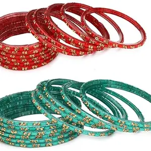 Somil Combo Of Party & Wedding Colorful Glass Bangle/Kada, Pack Of 24, Red & Radium