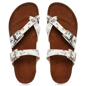 MOZAFIA White Flower Print Synthetic Leather Comfortable Stylish with Open Toe Casual Flat Sandals & Flip Flops for Women(WSLP-SK-2304-903-White Flower-37)