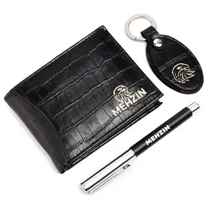 MEHZIN Men Formal Black Artificial Leather Wallet,Key Ring & Pen 3Pcs Combo Gift Set (5 Card Slots) Style-187