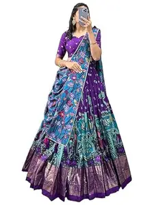 Women's Trending Designeer Tussar Silk Lehenga Choli Print with Foil Work With Unstitched Blouse Patola Print Adorned with Foil Work For Navrati || Wedding