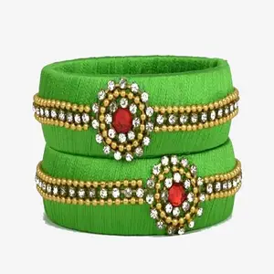 HARSHAS INDIA CRAFT Silk Thread Bangles With Kundan Stones Chuda Bangle Set For Womnes and girls (Light green-4) (Size-2/6)