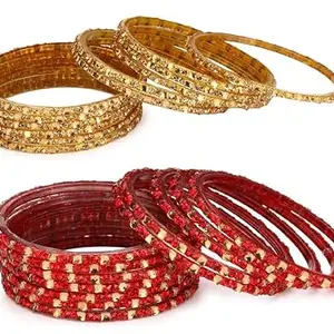 Somil Combo Of Wedding & Party Colorful Glass Kada/Bangle, Pack Of 24, Golden & Red