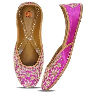 DFR Traditional Hand Dabka Zari Embroidery Comfortable Sole Cushioned Rajasthani Ethnic Punjabi Stylish Fancy Bellies Mojari Jutti for Women, Pink, 7