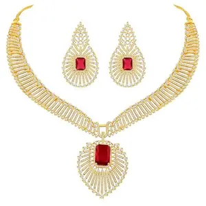 Peora Gold Plated Cubic Zirconia & Red Crystal Studded Necklace & Dangle Earring Contemporary Jewellery Set for Women