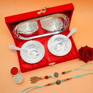Piepot Premium Rakhi for Brother and Bhabhi with Gift Silver Plated Bowl and Spoon Set with Red Velvet Box|Lumba Rakhi with Roli Chawal for Bro, Brother, Bhaiya, Bhai, Bhabhi