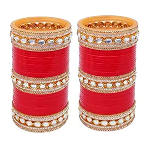 Lucky Jewellery Bridal Bangle Set Chura Red White Kundan & Golden Stone Choora Wedding Punjabi Chuda for Women (1848-G1C1-1013-R28)