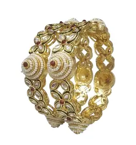 Santosh Enterprise Traditional Kundan Pearl Bangles Set, Gold Plated with Green Meenakari and Ruby Red Stones, 2 Pieces (2.4)