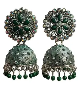 Traditional Jhumka Earrings, Green Stone Floral Design, Dome Shape with Beaded Drops