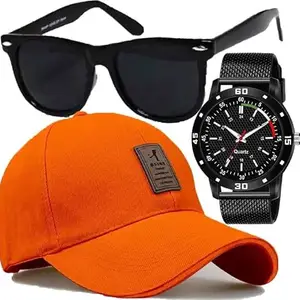 GIFFEMANS GFMN1357 Analog Round Black Dial Black Strap Watch with Orange Cap and Sunglasses for Boys (Combo of 3)