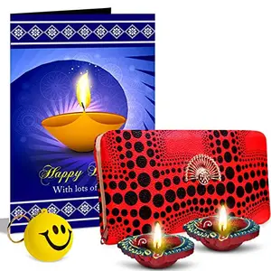 Alwaysgift Happy Diwali with Lots of Love 2 Diyas, Ladies Wallet, Smiley Keychain,s & Greeting Card Hamper