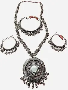 Generic Oxidised Silver Chain Pendant Mirror Necklace Set for Girls & Women