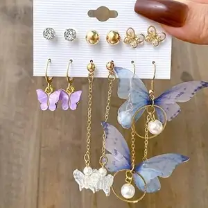 DButterfly Earrings Set – 6 Pairs Gold-Toned with Pearl & Crystal Accents, Purple & White Studs for Women & Girls