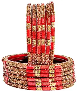Generic Generic Oneness Red Nag Zircon Work Golden Stones Studded Glass Bangles Set Chudiyan Set for Women & Girls - (Set of 12 Bangles)_Red_2.6