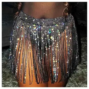 Jemiwa Rhinestone Fringe Belt Skirt Black Sparkly Tassel Body Chain Wrap Skirts Crystal Belly Dance Hip Scarf Rave Belts Outfit for Women