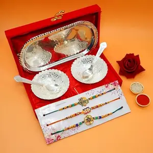 Piepot Ac Anand Crafts Premium Rakhi for Brother with Gift Silver Plated Bowl and Spoon Set with Red Velvet Box| Three Bhaiya Rakhi with Roli Chawal for Bro, Brother, Bhai