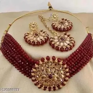 Deep Jewellers Gold Plated Traditional Kundan Beaded Tariditonal Necklace Set for Women & Girl's djchb016_Red