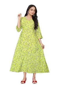 Sahjanand Textiles Women’s Lime Green Floral Printed A-Line Maxi Dress | V-Neck | 3/4 Sleeves | Casual & Festive