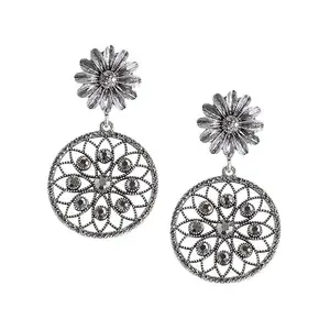 SOHI Women's Intricate Daisy Circular Drop Earrings For Casual Wear | Silver Colour | Alloy Material | Push Pin Closure | Artificial Stones Earrings |