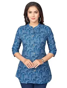Women's Cotton Blend Mandarin Collar 3/4 Sleeves Short Top (Blue, L)-PID56248