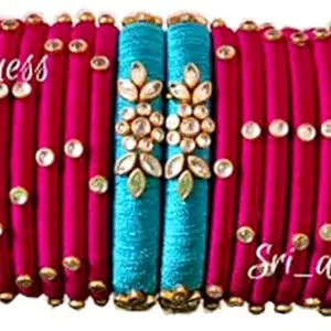 Blue jays hub Silk Thread Bangles New kundan Style Pink And Blue color Set of 16for Women/Girls (2-4)