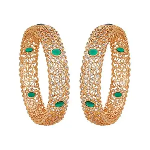 Kushal's Fashion Jewellery Green Gold Plated Ethnic Zircon Bangles - 422794
