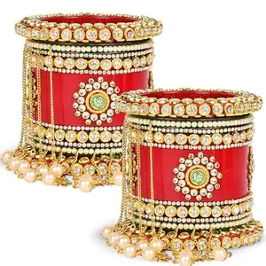 BRIDAL GARNISH Radiant Red Bridal Chuda with Exquisite Kundan and Pearl Embellishments Kunadan Pearlhandwork Gold Zari Latkan Bangles (Style2 with Latkan Bangles, 2.4)